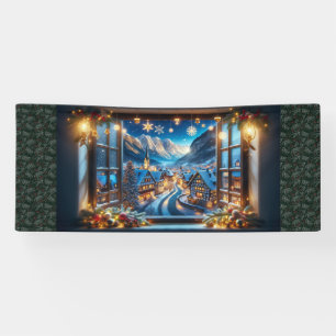 Raam naar een winterdorp met Kerstmis 1,8 m Spandoek