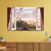 Raam open mistige ochtend met schuur uil canvas afdruk (Insitu (Woonkamer))