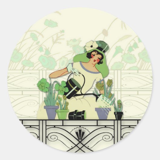 RAAMTUIN, ART DECO DAME: ZOMERGROENEN RONDE STICKER (Voorkant)