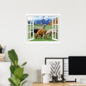 Raamuitzicht met bergen en alpaca poster (Thuiskantoor)