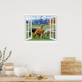 Raamuitzicht met bergen en alpaca poster