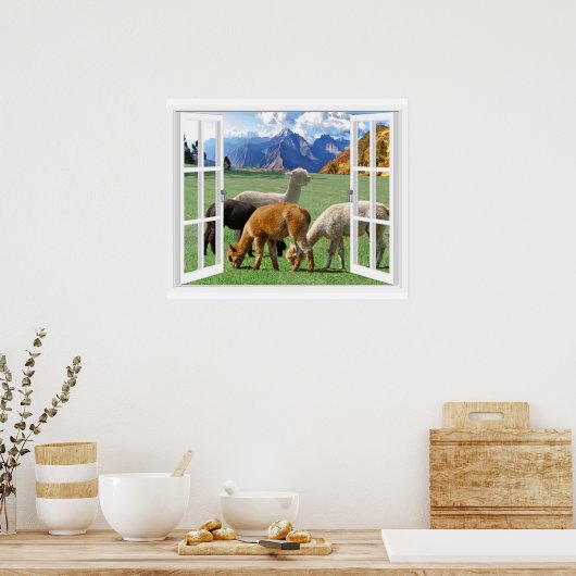 Raamuitzicht met bergen en alpaca poster (Keuken)