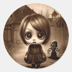 Raar Big Eyed Chibi Meisje Halloween Ronde Sticker