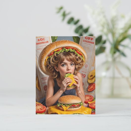 Raar Surreal Meisje met een Cheeseburger Pet Briefkaart (Staand voorkant)