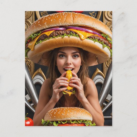 Raar Surreal Meisje met een Cheeseburger Pet Briefkaart (Voorkant)
