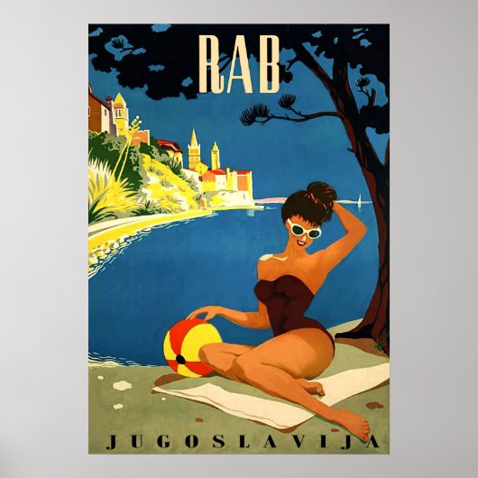 Rab, isle, Joegoslavië, bikini vrouw op het strand Poster (Voorkant)