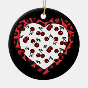 RAB-kersen Leopard Print Heart Rockabilly Keramisch Ornament
