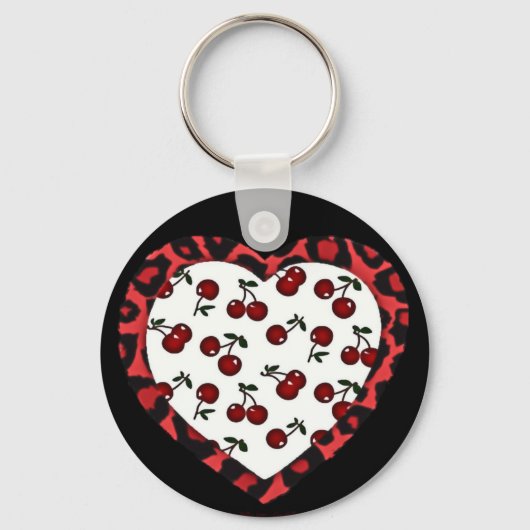 RAB-kersen Leopard Print Heart Rockabilly Sleutelhanger (Voorkant)