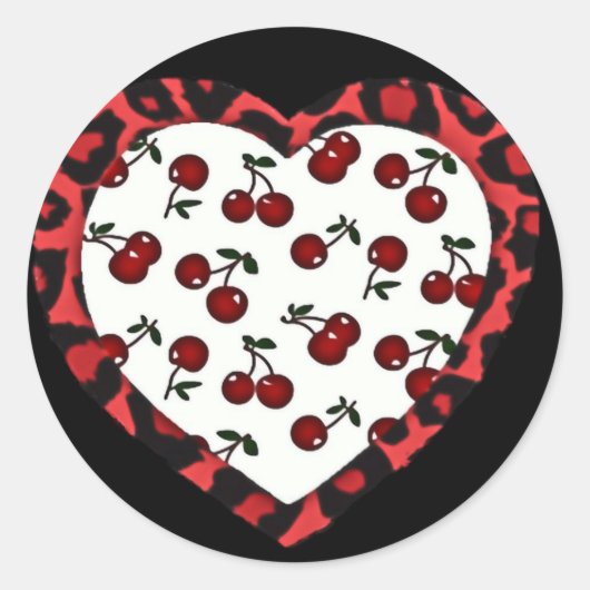 RAB kersen Luipaardprint Hart Rockabilly Ronde Sticker (Voorkant)