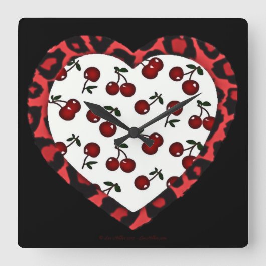 RAB kersen Luipaardprint Hart Rockabilly Vierkante Klok (Voorkant)