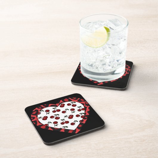 RAB Rockabilly Cherries Leopard Print Heart Bier Onderzetter (Rechterzijde)