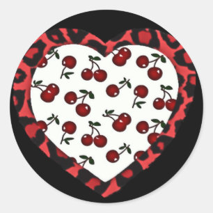 RAB Rockabilly Cherries Leopard Print Heart Ronde Sticker