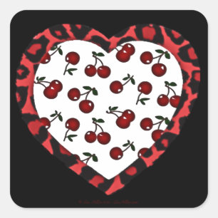RAB Rockabilly Cherries Leopard Print Heart Vierkante Sticker