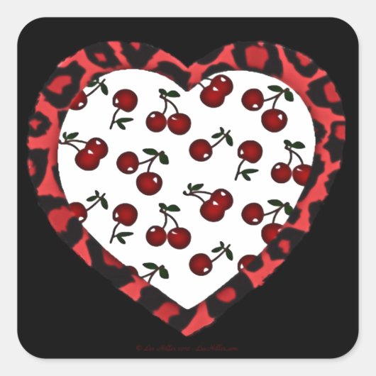 RAB Rockabilly Cherries Leopard Print Heart Vierkante Sticker (Voorkant)