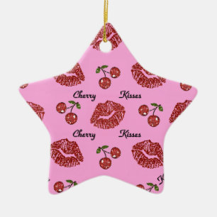 RAB Rockabilly Cherry Kisses op roze Keramisch Ornament