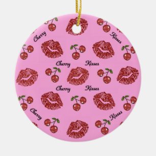 RAB Rockabilly Cherry Kisses op roze Keramisch Ornament