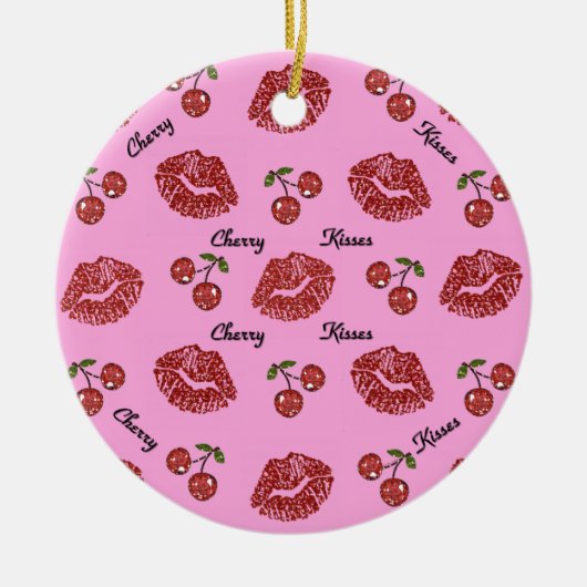 RAB Rockabilly Cherry Kisses op roze Keramisch Ornament (Voorkant)