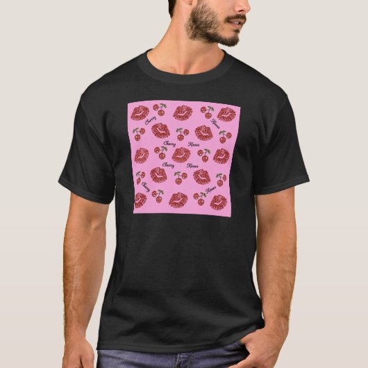 RAB Rockabilly Cherry Kisses op roze T-shirt (Voorkant)