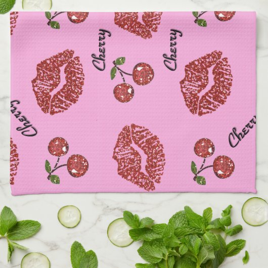 RAB Rockabilly Cherry Kisses op roze Theedoek (Gevouwen)