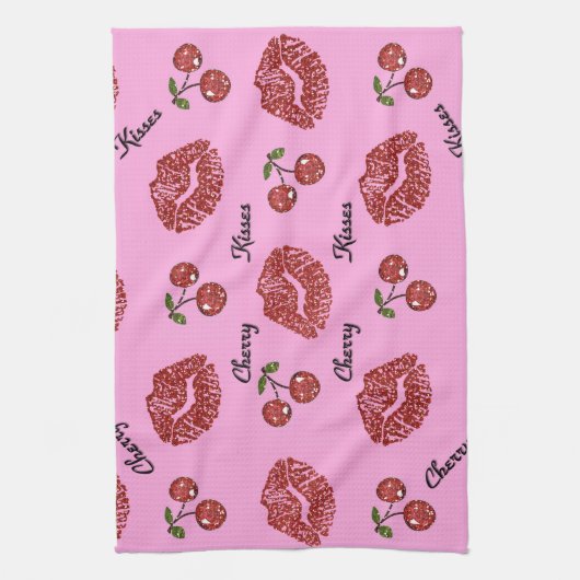 RAB Rockabilly Cherry Kisses op roze Theedoek (Verticaal)