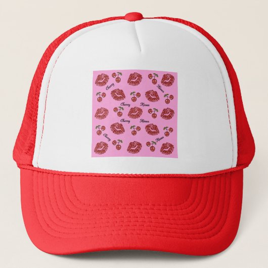 RAB Rockabilly Cherry Kisses op roze Trucker Pet (Voorkant)