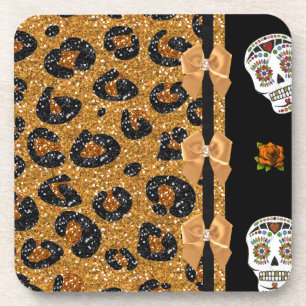 RAB Rockabilly Gold Leopard Print Sugar Skulls Bier Onderzetter