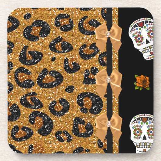 RAB Rockabilly Gold Leopard Print Sugar Skulls Bier Onderzetter (Voorkant)