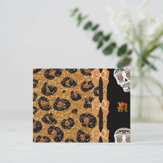 RAB Rockabilly Gold Leopard Print Sugar Skulls Briefkaart (Staand voorkant)