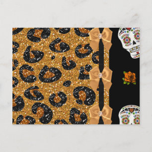 RAB Rockabilly Gold Leopard Print Sugar Skulls Briefkaart