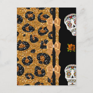 RAB Rockabilly Gold Leopard Print Sugar Skulls Briefkaart