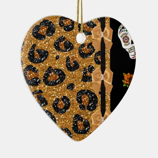 RAB Rockabilly Gold Leopard Print Sugar Skulls Keramisch Ornament (Rechts)