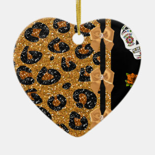 RAB Rockabilly Gold Leopard Print Sugar Skulls Keramisch Ornament