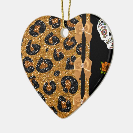 RAB Rockabilly Gold Leopard Print Sugar Skulls Keramisch Ornament (Links)
