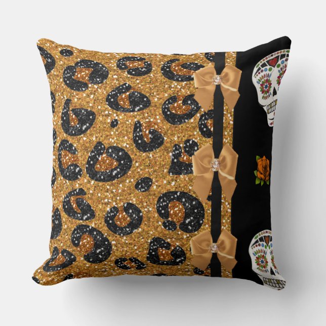 RAB Rockabilly Gold Leopard Print Sugar Skulls Kussen (Voorkant)