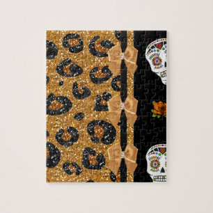 RAB Rockabilly Gold Leopard Print Sugar Skulls Legpuzzel