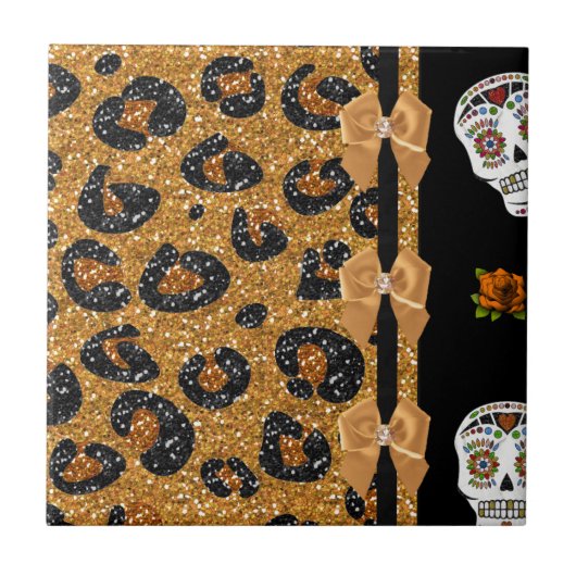 RAB Rockabilly Gold Leopard Print Sugar Skulls Tegeltje (Voorkant)