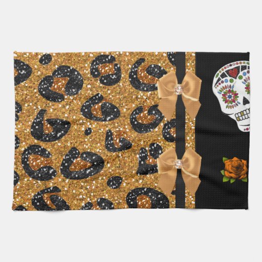 RAB Rockabilly Gold Leopard Print Sugar Skulls Theedoek (Horizontaal)