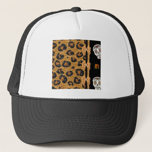 RAB Rockabilly Gold Leopard Print Sugar Skulls Trucker Pet (Voorkant)