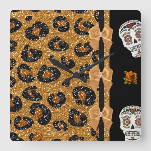 RAB Rockabilly Gold Leopard Print Sugar Skulls Vierkante Klok (Voorkant)
