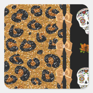RAB Rockabilly Gold Leopard Print Sugar Skulls Vierkante Sticker