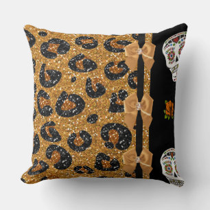 RAB Rockabilly Goud Luipaardprint Suiker Schedels Kussen