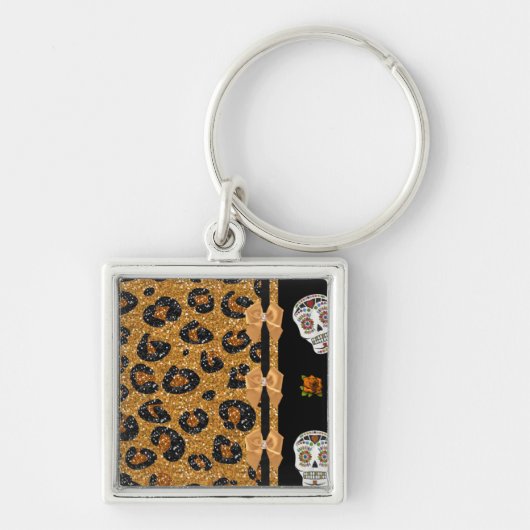 RAB Rockabilly Goud Luipaardprint Suiker Schedels Sleutelhanger (Voorkant)