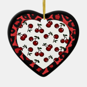 RAB Rockabilly Kersen Luipaardprint Hart Keramisch Ornament