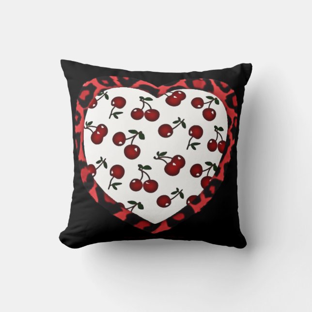 RAB Rockabilly Kersen Luipaardprint Hart Kussen (Voorkant)