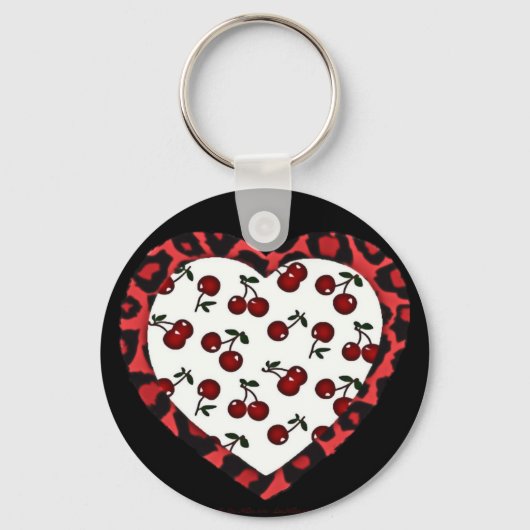 RAB Rockabilly Kersen Luipaardprint Hart Sleutelhanger (Voorkant)
