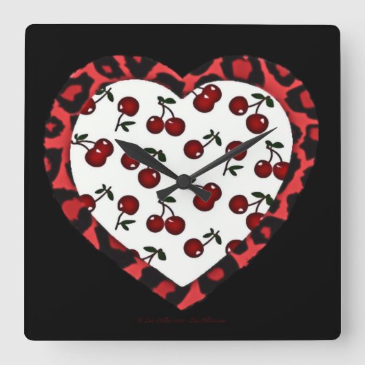 RAB Rockabilly Kersen Luipaardprint Hart Vierkante Klok (Voorkant)