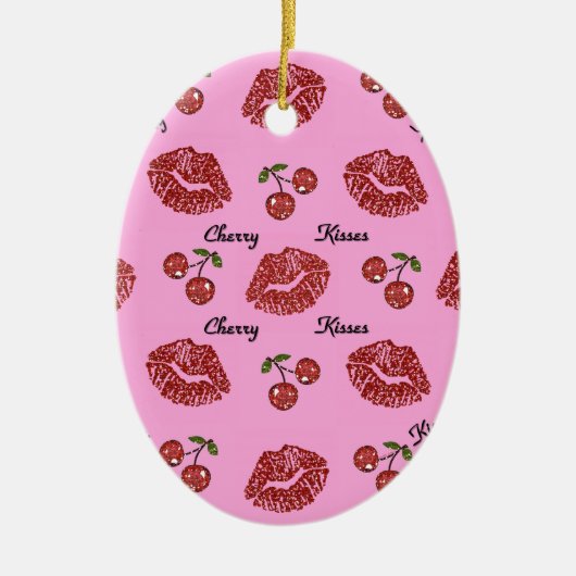 RAB Rockabilly Kussen van Kersen op Roze Keramisch Ornament (Voorkant)
