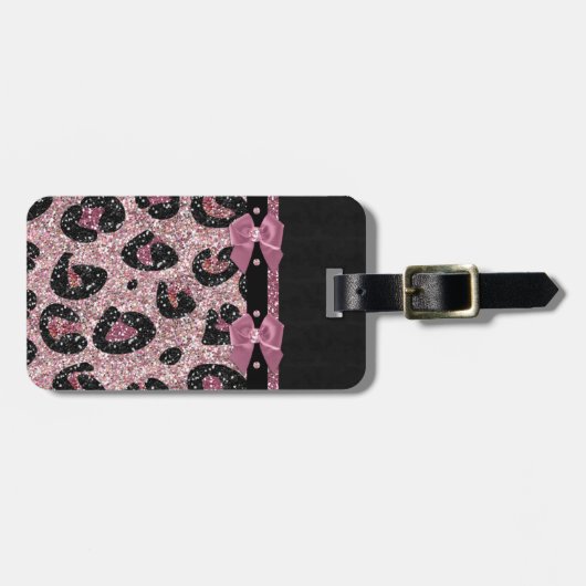 RAB Rockabilly Pink Leopard Print Ribbon Bows Bagagelabel (Voorkant horizontaal)