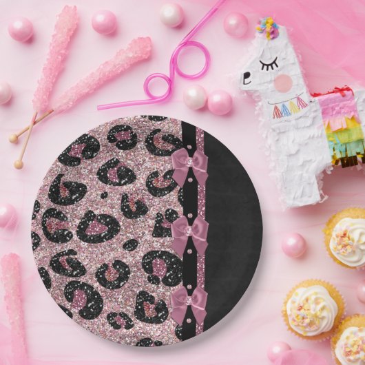 RAB Rockabilly Pink Leopard Print Ribbon Bows Papieren Bordje (Feest)