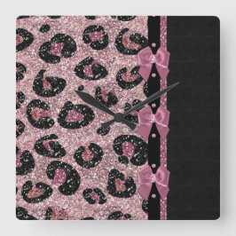 RAB Rockabilly Pink Leopard Print Ribbon Bows Vierkante Klok